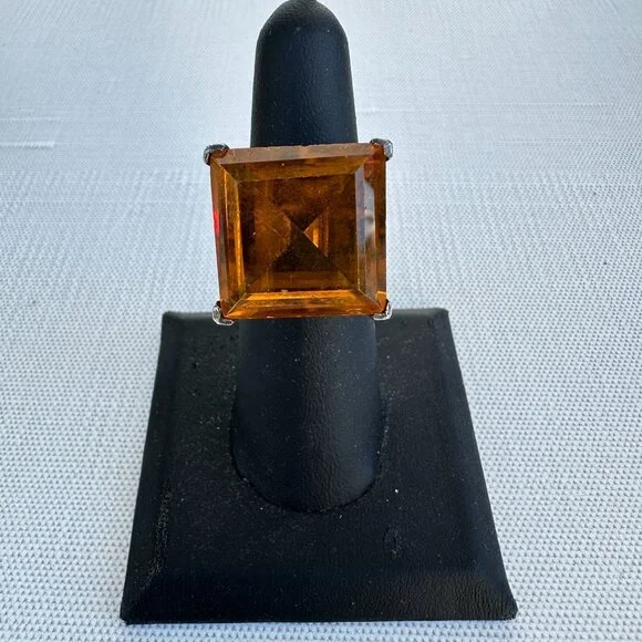 925 Silver Ring Large Amber Glass Stone Size 6.5